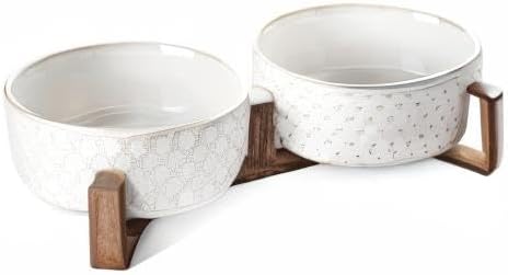 Dog Bowls Ceramic for Small Medium Dogs - 3-Cup Dual Food & Water Bowl Set with Acacia Wood Stand, Non-Slip Anti-Tip Elevated Design-PawvioPets