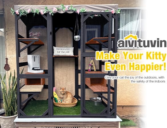 Aivituvin Catio Outdoor Cat Enclosure Large Cat House for Mulitiple Cats Walk in Kitty Cage with Tarp Roof 70" Black-PawvioPets