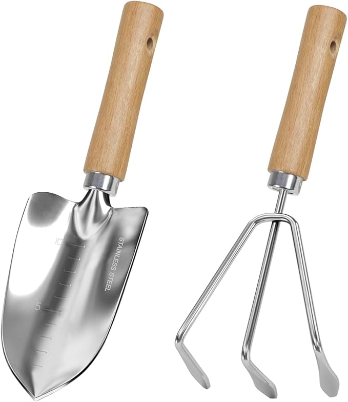Garden Tool Set, 2 Pieces Stainless Steel Heavy Duty Garden Tools, Gardening Kit with Wooden Handle Garden Hand Tools, Durable Garden Tools for Gardening, Gardening Gifts for Women Men-PawvioPets