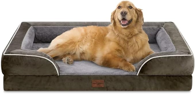 Comfort Expression XL Dog Bed for Extra Large Dogs, Waterproof Orthopedic Foam Dogs Beds with Bolster, Washable Dog Sofa Pet Bed with Removable Cover & Non-Slip Bottom(X-Large,Dark Green)-PawvioPets