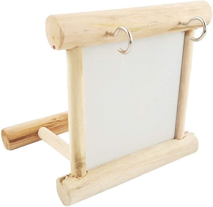 Bird Mirror with Swing and Perch for Parakeets Cockatiels Lovebirds Finches - Wooden Interactive Hanging Cage Toy, 3.7 x 3.5 x 3.5 Inch, 1 Pack-PawvioPets