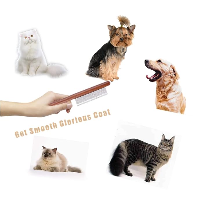 Dog Cat Comb with Solid Wood Handle Stainless Steel Teeth, Professional Pet Grooming Supplies Accessories Perfect for Honghair Hairy Pets-PawvioPets