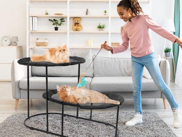 Defined Deco 2 Tier Elevated Cat Hammock Bed, Furniture Cat Bed Breathable Comfortable, Raised Cool Ca t Hammock for Indoor Cats, with Removable Mesh and Steel Frame for Summer-PawvioPets