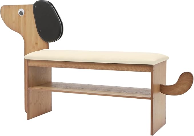 Cute Dog Shoe Bench with Cushion, 51.6”L x 11.8”W Puppy Shoe Storage Bench Beige 2-Tire Bamboo Shoes Rack Bench for Entryway Living Room Hallway Bedroom 220Lbs Load Capacity-PawvioPets