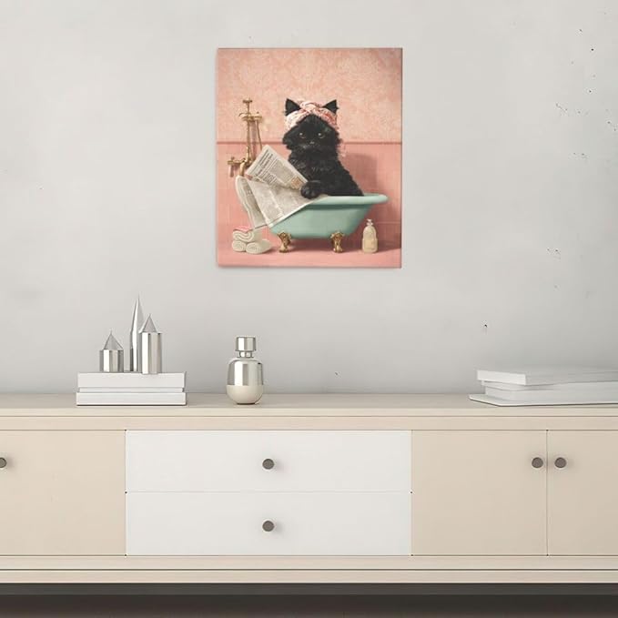 Cat Bathroom Wall Decor Black Cat Reading Newspaper in Bathtub Canvas Wall Art Funny Bathroom Pictures Kitten Painting Print Pink Artwork Framed Decorations Gifts 24"x20"-PawvioPets