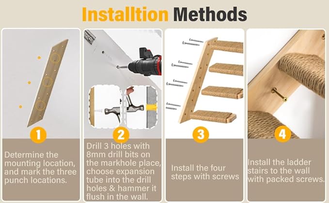 4-Step Cat Wall Shelves and Stairs With Sisal Rope - Improved & Stronger Tree Supplies, Large, Brownish White-PawvioPets