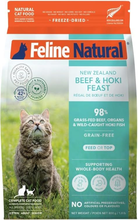 Feline Natural High Protein Dry Cat Food, Freeze-Dried Diet with 98% Meat, Organs & Seafood, No Peas, Grains, or Artificial Additives, Made in New Zealand, Beef & Hoki, 1.8lb-PawvioPets