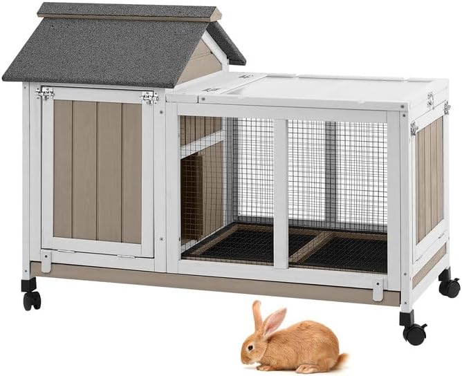38''L Rabbit Hutch Outdoor Indoor with Wheels, Wooden Expandable 2 Story Bunny House Rabbit Cage with Run, Waterproof Roof, Pull Out Tray, Guinea Pig Cage Chicken Coop for Small to Medium Pets-PawvioPets
