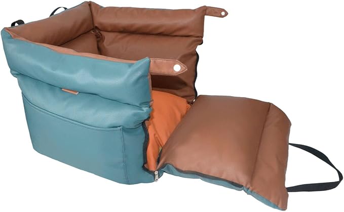 Dog Car Seat for Small Dogs, Large Leather Dog Car Bed with Storage Pocket, Waterproof PVC Leather Booster Seat Travel Bed for Front & Back Seat, Clip-On Safety Leash (Blue/Brown)-PawvioPets