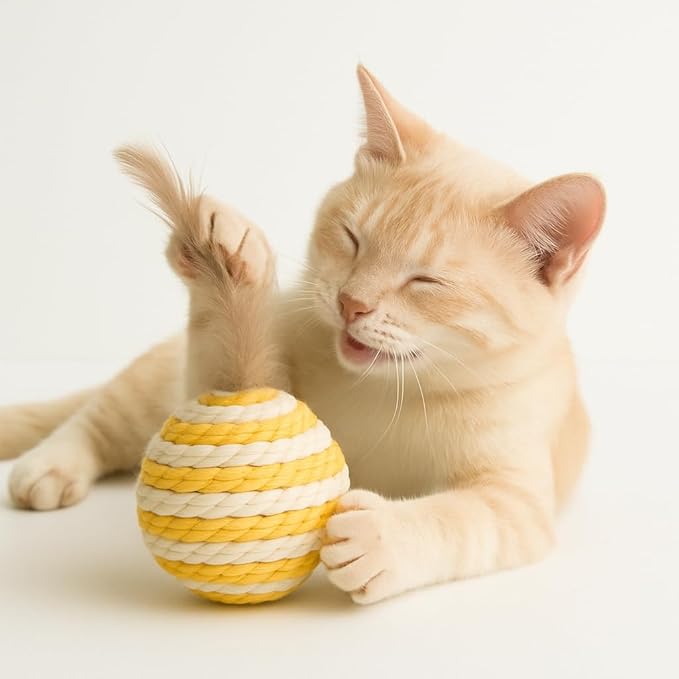 Ball for cat with Feathers - Balls for Cats โ Natural Toy for Indoor Cats โ Eco-Friendly, Durable, Interactive Play Balls for Kittens โ Pet-Safe Chew & Scratch Toys (Yellow)-PawvioPets