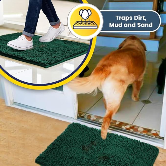 Muddy Mat® Shown on TV – Super Absorbent Door Mat Indoor, Microfiber Quick Dry Chenille Entryway Rug, Non-Slip Front Door Mat, Indoor Mats for Entryway, Machine Washable Pet Rug, Dark Green 36"x60"-PawvioPets
