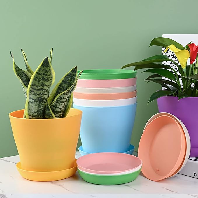 10 Pack 4 Inch Plant Pots Bulk Small Plastic Planters Pots with Drainage Holes Flower Pot for Succulent, Cactus, Herb, African Violet (10pcs-Multicolor, 4Inches)-PawvioPets