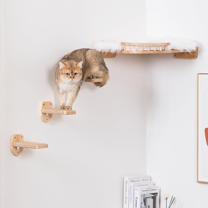 3pcs Cat Wall Steps, Climbing Mounted Furniture, Shelves With Hemp Rope Covered, Solid Wood Ladder for Playing and Climbing (Large-Wood)-PawvioPets