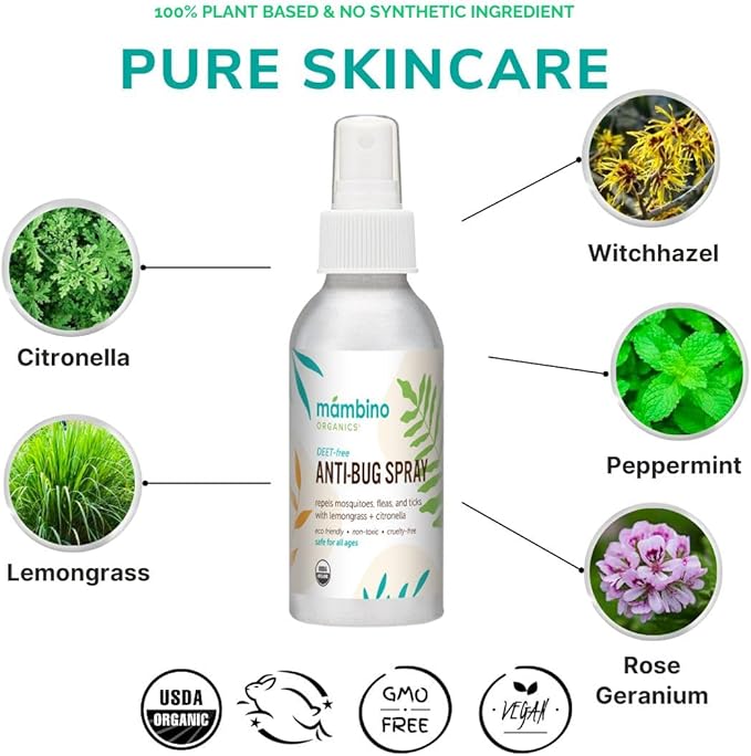 Anti-Bug Spray DEET-Free – Organic, All-Natural Bug Spray Travel Size with Essential Oils – Non-Toxic, Reef Safe, Face-Safe Bug Repellent for Babies, Kids, Adults by Mambino Organics, 2.7oz 3-Pack-PawvioPets
