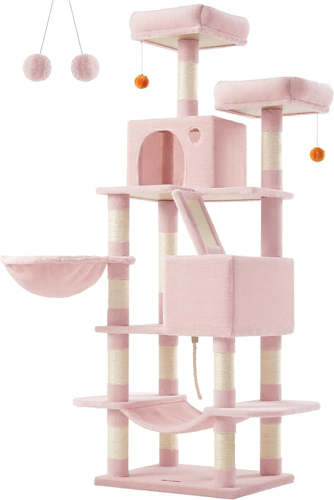 Feandrea Cat Tree, 66.1-Inch Large Cat Tower with 13 Scratching Posts, 2 Perches, 2 Caves, Basket, Hammock, Pompoms, Multi-Level Plush Cat Condo for Indoor Cats, Jelly Pink UPCT165P01-PawvioPets