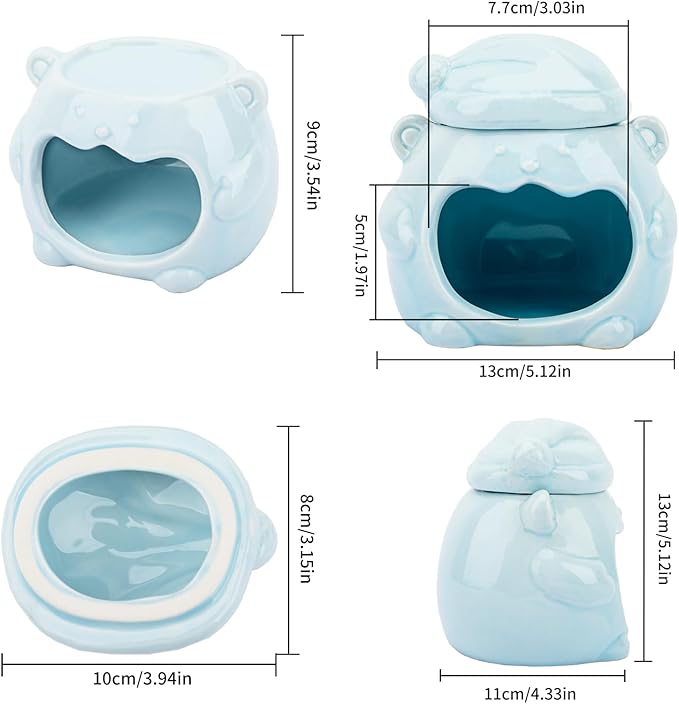 3-in-1 Bear Shaped Ceramic Hamster House - Cool House for Syrian Dwarf Hamsters, Mice, Gerbils, Small Pets, Top for Hamster Food, Removable Lid for Ice Packs, Cute Cool Hideout for Summer(Blue)-PawvioPets