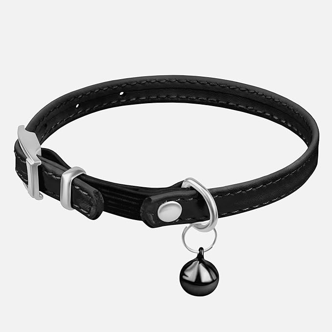 CollarDirect Leather Cat Collar with Bell - Kitten Small and Big Cat Collar for Boy Cats, Girl Cats with Safety Elastic Strap (Neck Fit 6"-7", Black)-PawvioPets