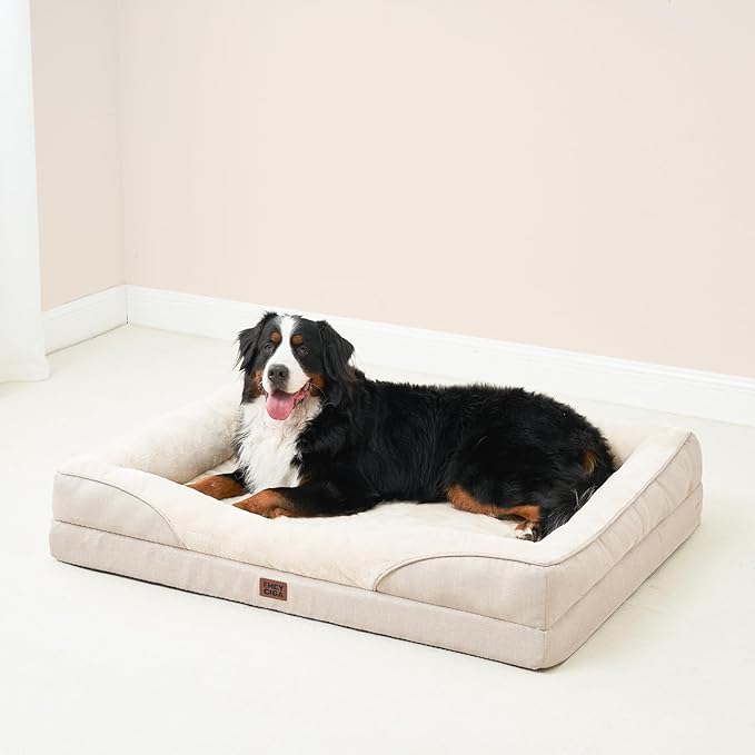 EHEYCIGA Memory Foam XXL Dog Bed for XLarge Sized, Extra Large Orthopedic Dog Sofa with Sides and Waterproof Liner, Washable Bolster Pet Couch with Removable Cover, 52x41x8 Inch, Beige-PawvioPets