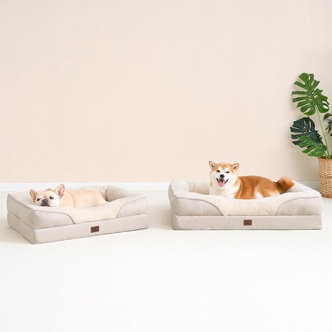 EHEYCIGA Memory Foam Dog Bed for Medium Size, Orthopedic Dog Sofa with Sides and Waterproof Liner, Washable Bolster Pet Couch with Removable Cover, 35x22x6.5 Inch, Beige-PawvioPets
