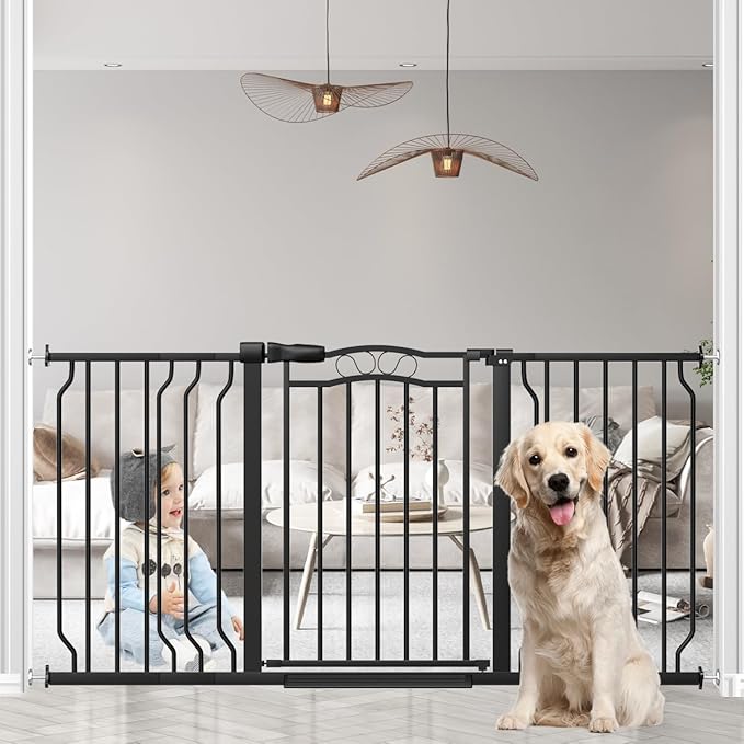 53.1-62.2" Extra Wide Baby Gate for Stairs No Drilling, 30" Tall Auto Close Press Mounted Baby Gate for Doorways, Adjustable Width Walk Through Dog Gates for Doorways, Black-PawvioPets