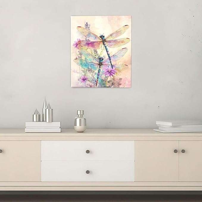 Dragonfly Bathroom Pictures Wall Art, Floral Bathroom Wall Decor, Framed Painting Canvas Artwork for Bedroom Living Room Decorations 24"L x 20"W-PawvioPets