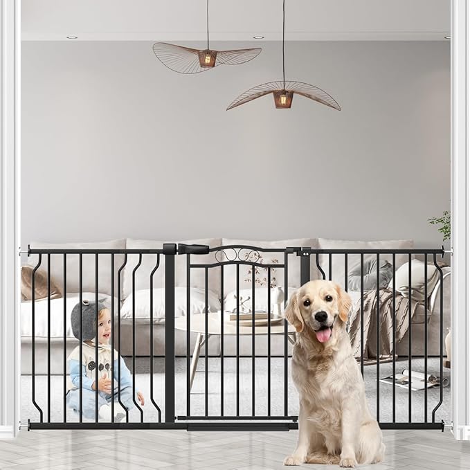 62.2-71.6" Extra Wide Baby Gate for Stairs No Drilling, 30" Tall Auto Close Press Mounted Baby Gate for Doorways, Adjustable Width Walk Through Long Gates for Kids or Pets, Black-PawvioPets