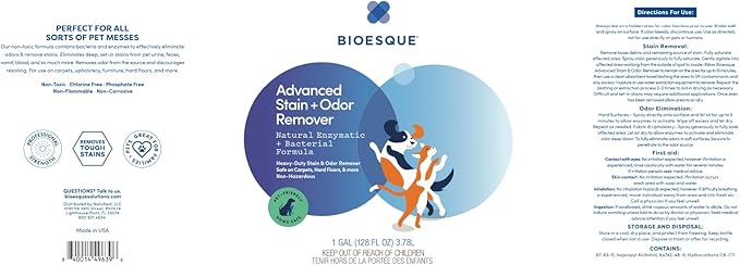 Bioesque Advanced Stain + Odor Remover, Pet-Friendly Natural Enzymatic & Bacterial Formula, Heavy-Duty Stain & Odor Remover, Safe on Carpets, Hard Floors, & More, 1 Gallon (Pack of 4)-PawvioPets