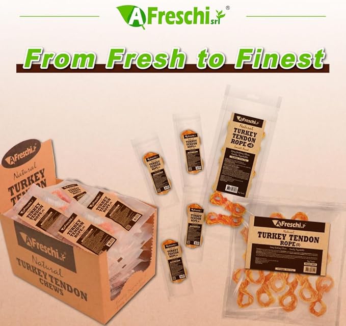 Afreschi Natural Turkey Tendon Rope (S) 40 Units/Box, Dog Treats for Signature Series, All Natural Human Grade Puppy Chew, USA-Sourced Turkey Tendon, Hypoallergenic, Rawhide Alternative-PawvioPets