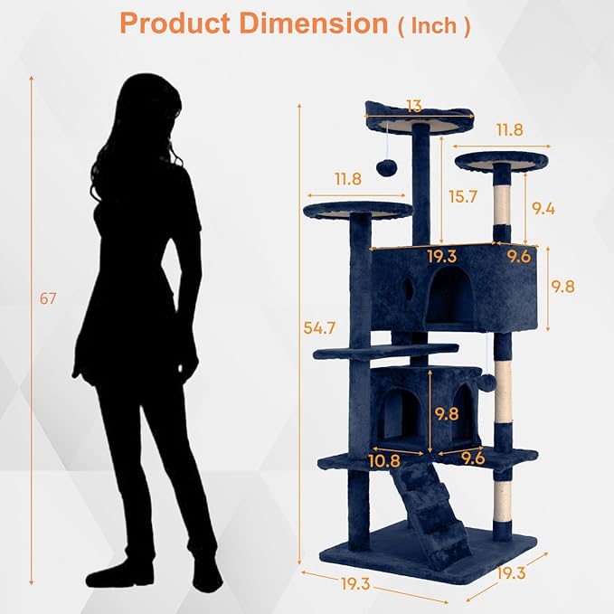 54.7 inches Cat Tower - Multi-Level Cat Condo with Scratching Posts, Hanging Toys, Navy Blue-PawvioPets