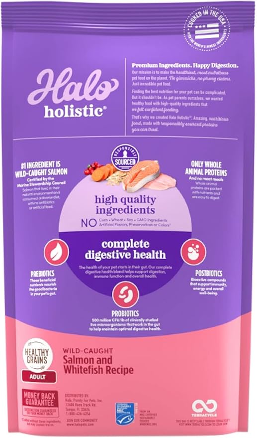 Halo Holistic Cat Food Wild Caught Salmon & Whitefish Formula, Healthy Grains Dry Cat Food, Complete Digestive Health, Kibble for Adult Cats, 10 lb Bag-PawvioPets