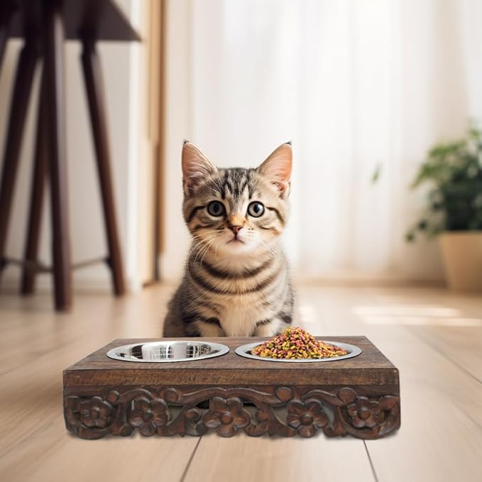 Elevated Pet Feeder for Dogs and Cats - The Bali Carved Wood Pet Feeding Stand with Two Stainless Steel Bowls - Three Heights Adjustable Raised Dog Bowl - Food Water Pet Feeding Station - IRONGATE-PawvioPets
