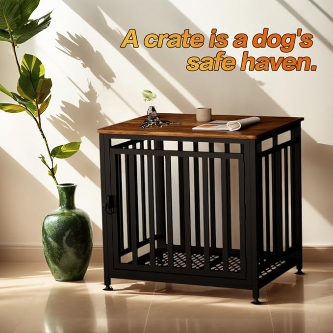 Dog Crate Furniture for Small Dogs, Dog Kennel Indoor, Anti-Chew Anti-Escape with Bed Crate Pad End Side Table Wooden Dog Crate,Steel-Tube Dog Cage, Rustic Brown-PawvioPets