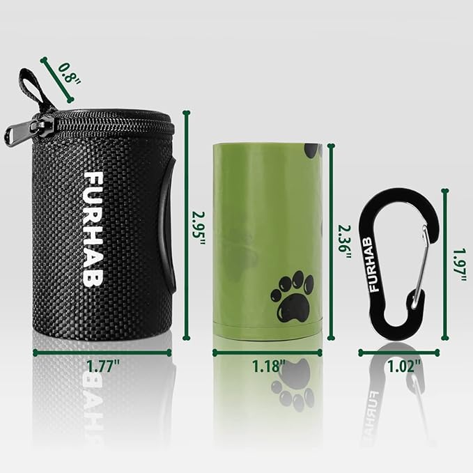 Dog Poop Bag Holder for Leash Doggie Waste Bag Dispenser Soft Fabric Puppy Potty Carrier Small Doggy Zipper Pouch with Carabiner Clip with 1 Roll of Pet Trash Bags, Black-PawvioPets