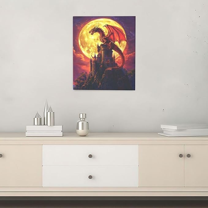 Dragon Bathroom Pictures Wall Art, Red Dragon Castle Bathroom Wall Decor, Framed Painting Canvas Artwork for Bedroom Living Room Decorations 24"L x 20"W-PawvioPets