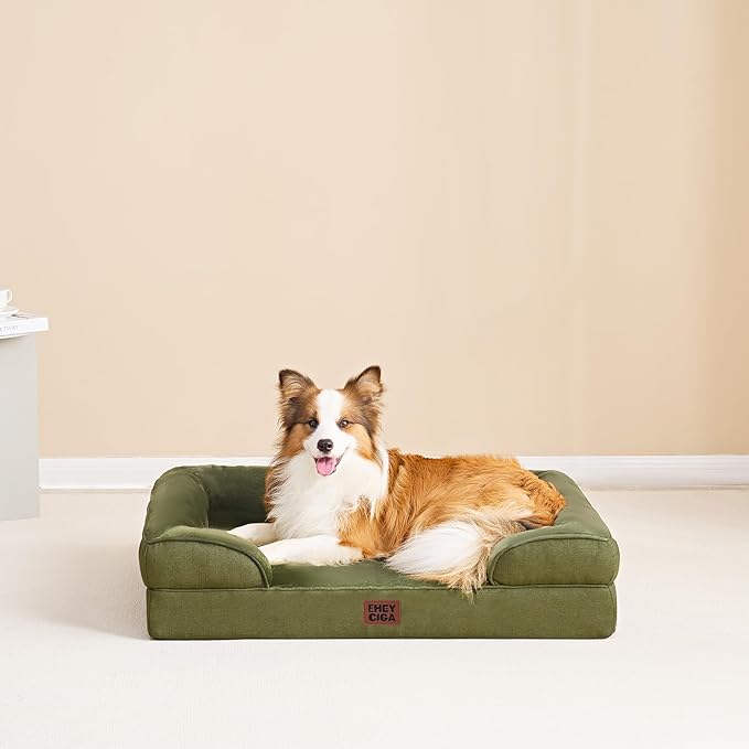 EHEYCIGA Orthopedic Dog Beds for Extra Large Dogs 44x32Inch, Waterproof Memory Foam XL Pet Bed with Sides, Non-Slip and Egg-Crate Foam Big Dog Couch Bed with Washable Removable Cover, Olive Green-PawvioPets