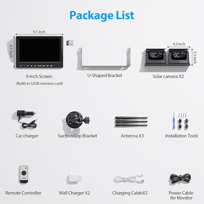 2 Magnetic Solar Wireless Backup Camera HD 1080P 9" DVR Monitor, Solar Rechargeable RV Backup Cameras Wireless System for Hitching Gooseneck Horse Trailer Fifth Wheels RVs Trucks BL902-PawvioPets