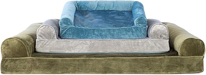 Furhaven Orthopedic Dog Bed for Large/Medium Dogs w/ Removable Bolsters & Washable Cover, For Dogs Up to 55 lbs - Faux Fur & Velvet Sofa - Dark Sage, Large-PawvioPets