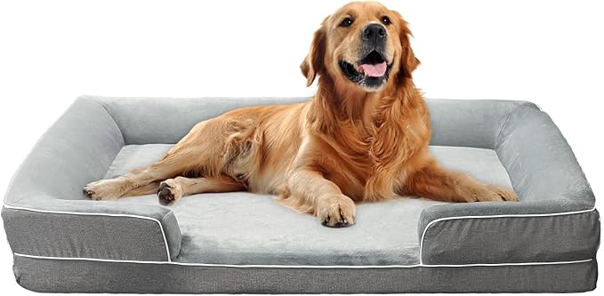 Dog Beds for Large Sized Dogs,Washable Orthopedic Memory Foam Dog Couch Sofa Bed with Bolster,Removable Cover,42x30Inch,Grey-PawvioPets