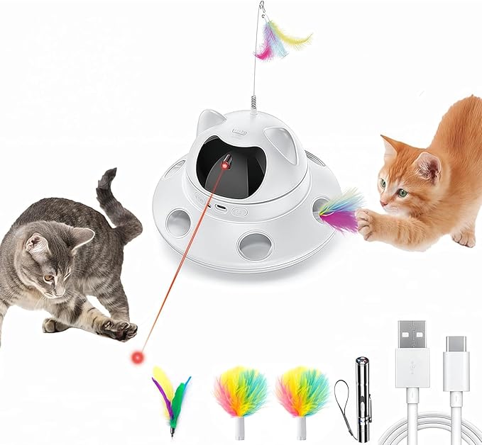 3-in-1 Cat Laser Toy & Interactive Automatic Motion-Activated Kitten Toy โ 6 Holes Whack-A-Mole Feather & Moving Ambush Fun โ USB Rechargeable, Apply to โ Indoor Exercise for Cats of All Breeds-PawvioPets
