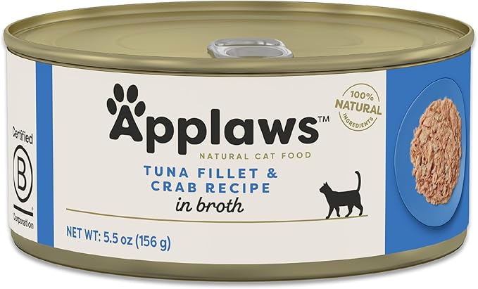 Applaws Natural Wet Cat Food in Broth, Limited Ingredient Canned Wet Cat Food, No Additives, Made with Natural Ingredients, Tuna Fillet & Crab in Broth (24 x 5.5oz Cans)-PawvioPets