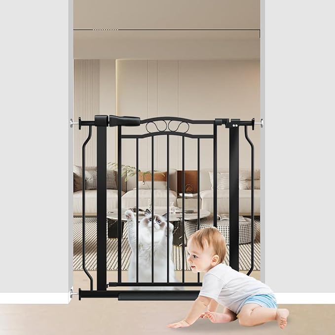 29.53"-33.85" Mornyray Auto-Close Baby Gate Extra Wide, Pressure Mounted Dog & Pet Gate for Stairs Doorways, No Drill Safety Barrier with Lace Design, Metal Child Proof Gate Indoor Outdoor, Black-PawvioPets