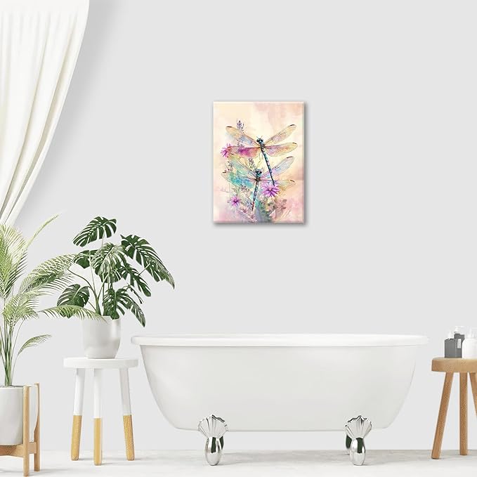 Dragonfly Bathroom Pictures Wall Art, Floral Bathroom Wall Decor, Framed Painting Canvas Artwork for Bedroom Living Room Decorations 20"L x 16"W-PawvioPets