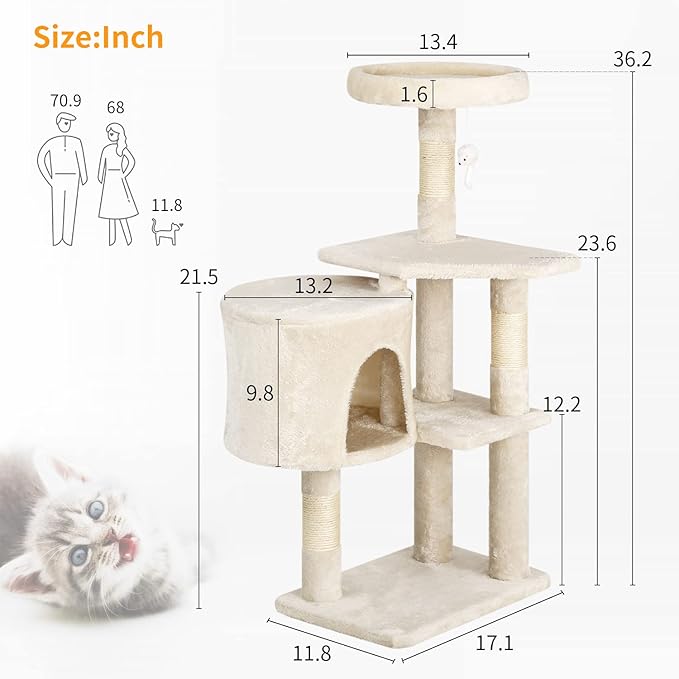 BestPet Cat Tree 36 inch Tall Scratching Toy Activity Centre Cat Tower Cat Condo Multi-Level Furniture Scratching Posts for Indoor Cats,Beige-PawvioPets