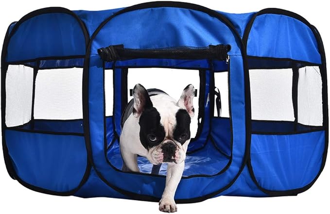 Amazon Basics Foldable Octagonal Indoor and Outdoor Portable Soft Dog Pen/Puppy Pen/Playpen, 114 cm / 45", Blue-PawvioPets