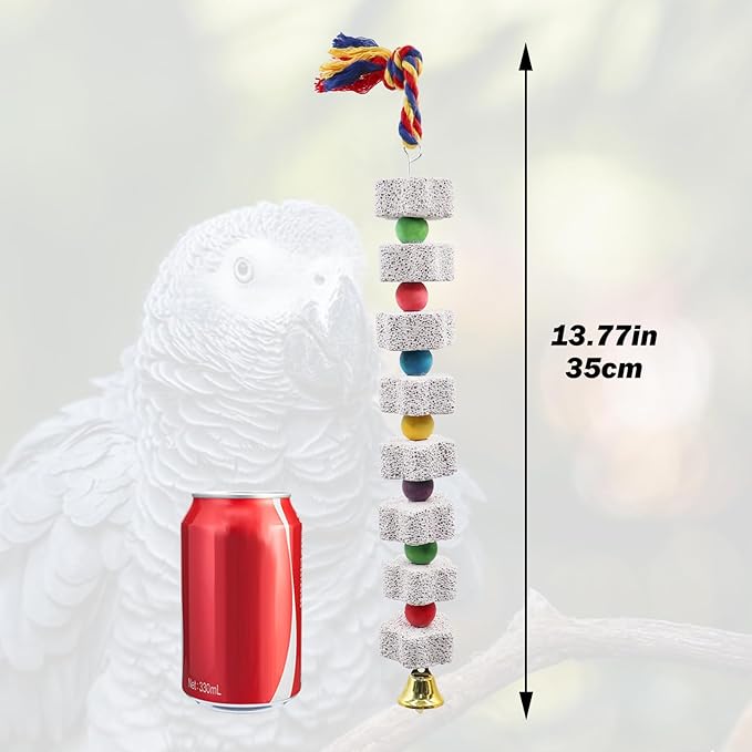 2 Pack Mineral Block Chew Toys with Colorful Beads and a Bell, Bird Beak Grinding Stone, Cage Accessories for African Grey, Budgies, Cockatiels, Small to Medium Birds-PawvioPets