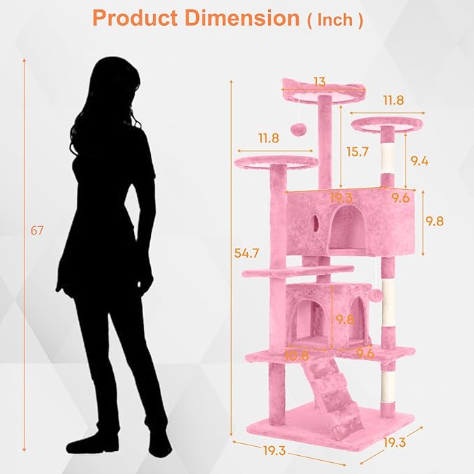 54.7 inches Cat Tower for Indoor Cats, Multi-Level Cat Condos with Scratching Posts, Hanging Toys, Pink-PawvioPets