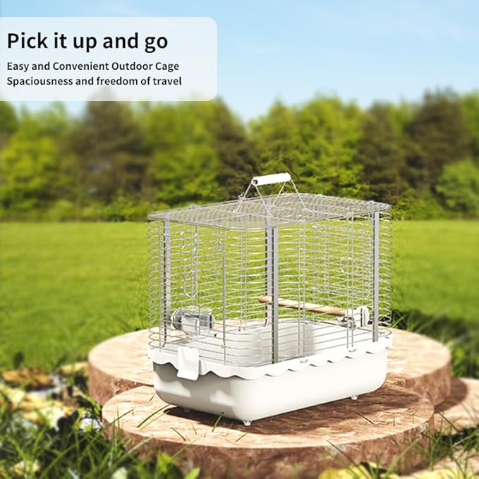 Bird Carrier Travel Cage, Durable Portable Stainless Steel Birdcage with Bird Perch & Feeding Bowl for Parrots Canaries Budgies Lovebirds Conures Cockatiels (Small White)-PawvioPets