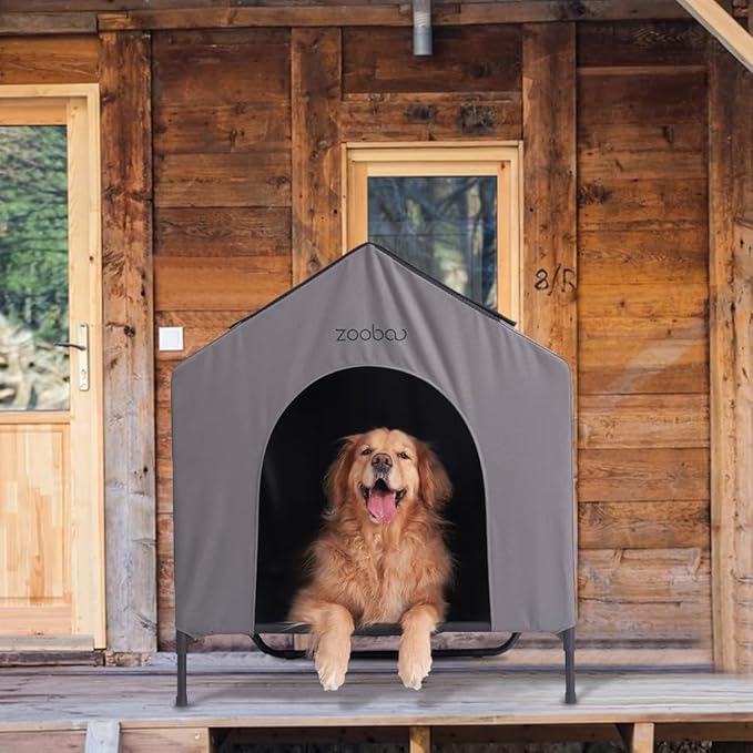 42” Outdoor Dog House for Large Breeds, Durable Large Dog Shelter with Weatherproof 600D PVC Canopy, Breathable 2x1 Textilene Fabric Elevated Dog Bed, XL Dog Kennel for Outside Use-PawvioPets
