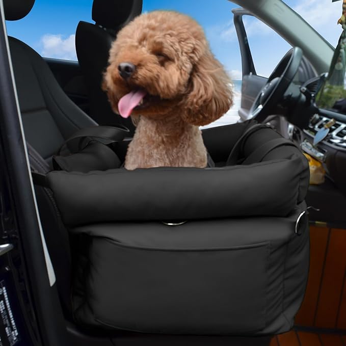 Dog Car Seat for Small Dogs, Large Leather Dog Car Bed with Storage Pocket, Waterproof PVC Leather Booster Seat Travel Bed for Front & Back Seat, Clip-On Safety Leash (Black)-PawvioPets