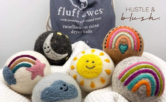 Fluff Ewes Wool Dryer Balls 6 Pack Premium New Zealand Wool Laundry Balls for Dryer, No Static Dryer Balls Laundry Reusable, XL Wool Dryer Balls Cute, Baby Dryer Balls for Dryers - Rainbow or Shine-PawvioPets